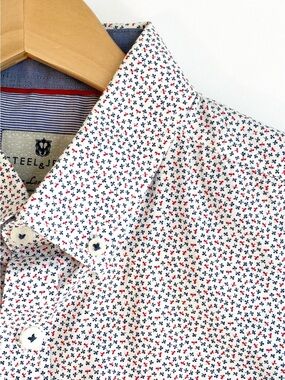 Steel & Jelly Men’s Medium Clover Print Button Down Shirt Patriotic EUC